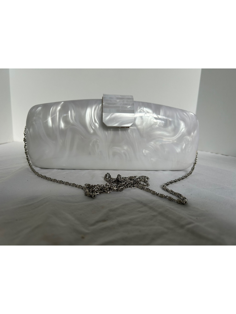 Marmi Pearl White Acrylic Clutch with Chain Strap and Magnetic Closure
